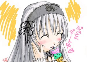Rating: Safe Score: 0 Tags: 1girl blush closed_eyes eating food frills holding ice_cream image licking long_hair long_sleeves silver_hair simple_background solo suigintou tongue tongue_out User: admin