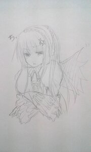 Rating: Safe Score: 0 Tags: 1girl anger_vein dress frills hairband image long_hair long_sleeves monochrome simple_background solo suigintou traditional_media upper_body wings User: admin