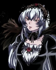 Rating: Safe Score: 0 Tags: 1girl black_wings detached_collar dress flower frills hairband image lolita_fashion lolita_hairband long_hair long_sleeves looking_at_viewer rose silver_hair simple_background solo suigintou upper_body wings User: admin