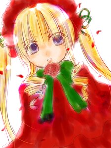 Rating: Safe Score: 0 Tags: 1girl blonde_hair blue_eyes bow bowtie dress drill_hair flower green_bow green_neckwear image long_hair long_sleeves looking_at_viewer petals rose shinku simple_background solo twintails upper_body white_background User: admin