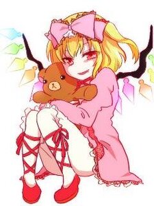Rating: Safe Score: 0 Tags: 1girl ankle_lace-up blonde_hair bow cross-laced_footwear flandre_scarlet hinaichigo image red_eyes ribbon short_hair side_ponytail sitting solo stuffed_animal stuffed_bunny teddy_bear wings User: admin