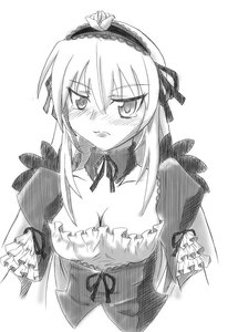 Rating: Safe Score: 3 Tags: 1girl blush breasts cleavage embarrassed frills greyscale hairband image long_hair long_sleeves looking_at_viewer monochrome solo striped suigintou traditional_media upper_body User: admin