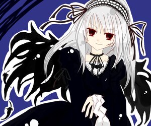 Rating: Safe Score: 0 Tags: 1girl black_dress black_ribbon black_wings dress feathers frilled_sleeves frills hairband image juliet_sleeves lolita_hairband long_hair long_sleeves looking_at_viewer outline red_eyes ribbon rose silver_hair simple_background smile solo suigintou wings User: admin