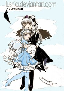 Rating: Safe Score: 0 Tags: 2girls auto_tagged black_wings dress feathers frills hairband hug image lolita_hairband long_hair long_sleeves multiple_girls open_mouth silver_hair solo suigintou wings User: admin