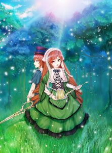 Rating: Safe Score: 0 Tags: 2girls back-to-back brown_hair dress green_dress green_eyes hat heterochromia holding image long_hair long_sleeves looking_at_viewer multiple_girls outdoors red_eyes siblings sisters smile solo souseiseki suiseiseki twins very_long_hair User: admin