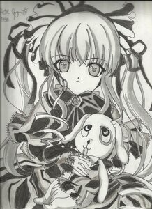 Rating: Safe Score: 0 Tags: 1girl dress flower greyscale hair_ribbon image lolita_fashion long_hair long_sleeves looking_at_viewer monochrome ribbon rose shikishi shinku solo stuffed_animal traditional_media very_long_hair User: admin