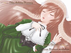 Rating: Safe Score: 0 Tags: 1girl black_ribbon brown_hair closed_eyes dress english_text frills green_dress image long_hair long_sleeves open_mouth ribbon simple_background solo suiseiseki User: admin