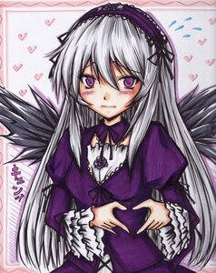 Rating: Safe Score: 3 Tags: 1girl black_wings blush detached_collar dress frills hairband heart image lolita_hairband long_hair long_sleeves looking_at_viewer puffy_sleeves purple_dress purple_eyes silver_hair solo suigintou wings User: admin