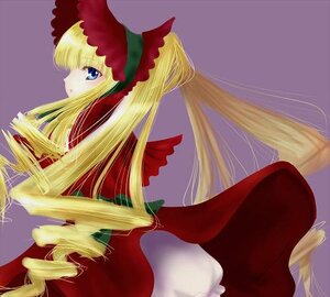 Rating: Safe Score: 0 Tags: 1girl blonde_hair blue_eyes bonnet bow dress image long_hair long_sleeves looking_at_viewer looking_back red_dress shinku simple_background solo very_long_hair User: admin