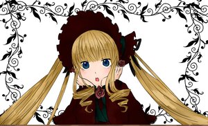 Rating: Safe Score: 0 Tags: 1girl auto_tagged blonde_hair blue_eyes blush bonnet bow bowtie drill_hair flower image long_hair looking_at_viewer open_mouth rose shinku sidelocks solo twintails upper_body white_background User: admin