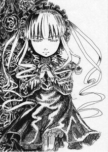 Rating: Safe Score: 0 Tags: 1girl closed_mouth dress flower greyscale image long_hair long_sleeves looking_at_viewer monochrome ribbon rose shinku solo suigintou traditional_media User: admin