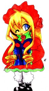 Rating: Safe Score: 0 Tags: 1girl auto_tagged blonde_hair blue_eyes dress flower full_body image long_hair long_sleeves one_eye_closed red_flower rose shinku simple_background smile solo standing white_background User: admin