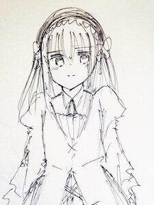 Rating: Safe Score: 0 Tags: 1girl bangs bare_shoulders blush closed_mouth dress eyebrows_visible_through_hair greyscale hair_between_eyes hairband image long_hair long_sleeves looking_at_viewer monochrome simple_background sketch sleeveless smile solo suigintou upper_body very_long_hair white_background User: admin