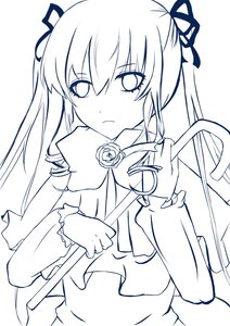 Rating: Safe Score: 0 Tags: 1girl eyebrows_visible_through_hair flower hair_ribbon holding image lineart long_hair looking_at_viewer monochrome ribbon rose shinku solo twintails User: admin