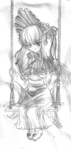 Rating: Safe Score: 0 Tags: 1girl bow dress frills greyscale image long_hair long_sleeves looking_at_viewer monochrome shinku sitting solo very_long_hair User: admin