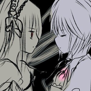 Rating: Safe Score: 0 Tags: 2girls bare_shoulders closed_eyes hairband image long_hair looking_at_another monochrome multiple_girls pair profile shinku souseiseki spot_color suigintou yuri User: admin