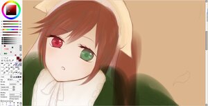 Rating: Safe Score: 0 Tags: 1girl bonnet brown_hair dress green_eyes head_scarf heterochromia image long_hair looking_at_viewer red_eyes simple_background solo suiseiseki User: admin
