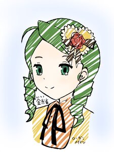Rating: Safe Score: 0 Tags: 1girl ahoge auto_tagged closed_mouth drill_hair flower green_eyes green_hair hair_ornament image kanaria looking_at_viewer portrait ribbon rose smile solo striped striped_background striped_bow vertical_stripes User: admin