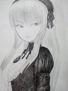 Rating: Safe Score: 0 Tags: 1girl closed_mouth dress frills graphite_(medium) greyscale hairband image juliet_sleeves long_hair long_sleeves looking_at_viewer monochrome neck_ribbon ribbon solo suigintou traditional_media upper_body User: admin