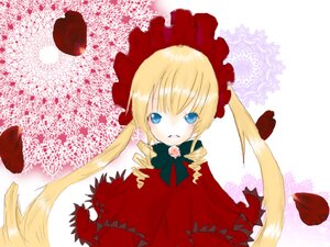 Rating: Safe Score: 0 Tags: 1girl blonde_hair blue_eyes bonnet bow bowtie dress drill_hair flower image long_hair long_sleeves looking_at_viewer petals red_dress shinku solo twintails User: admin