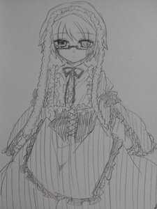 Rating: Safe Score: 0 Tags: 1girl dress frills glasses greyscale image long_sleeves looking_at_viewer monochrome sketch solo suiseiseki traditional_media wide_sleeves User: admin