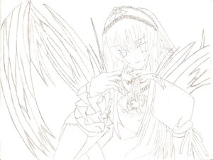 Rating: Safe Score: 0 Tags: 1girl closed_mouth dress feathered_wings frills hairband image long_hair long_sleeves looking_at_viewer monochrome simple_background smile solo suigintou upper_body very_long_hair white_background wings User: admin