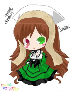 Rating: Safe Score: 0 Tags: 1girl brown_hair chibi dress full_body green_dress green_eyes head_scarf heterochromia image long_hair long_sleeves looking_at_viewer red_eyes solo suiseiseki very_long_hair white_background User: admin