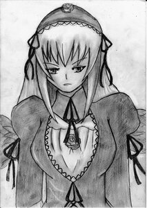 Rating: Safe Score: 0 Tags: 1girl breasts choker cleavage detached_collar dress frills greyscale hairband image long_hair long_sleeves looking_at_viewer monochrome puffy_sleeves ribbon solo suigintou traditional_media upper_body wings User: admin
