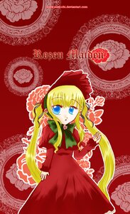 Rating: Safe Score: 0 Tags: 1girl blonde_hair blue_eyes bonnet bow bowtie capelet dress green_bow green_neckwear image long_hair long_sleeves looking_at_viewer red_dress shinku sidelocks solo standing twintails very_long_hair User: admin