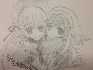 Rating: Safe Score: 0 Tags: 2girls bangs bonnet closed_mouth graphite_(medium) image jewelry long_hair looking_at_viewer monochrome multiple_girls pair photo shinku siblings simple_background sisters smile suiseiseki traditional_media upper_body User: admin