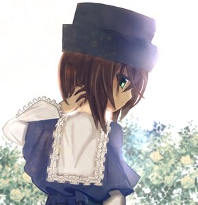 Rating: Safe Score: 0 Tags: 1girl blue_dress blue_headwear blurry blurry_background blurry_foreground brown_hair capelet closed_mouth depth_of_field dress flower frills green_eyes hat image long_sleeves short_hair solo souseiseki striped upper_body User: admin