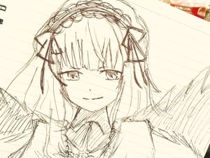 Rating: Safe Score: 0 Tags: 1girl bangs blush closed_mouth emphasis_lines eyebrows_visible_through_hair hair_ribbon image looking_at_viewer monochrome nose_blush ribbon sketch smile solo suigintou traditional_media User: admin