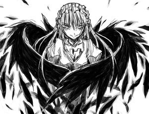 Rating: Safe Score: 0 Tags: 1girl black_wings dress feathers greyscale hairband image long_hair long_sleeves looking_at_viewer monochrome smile solo suigintou white_background wings User: admin