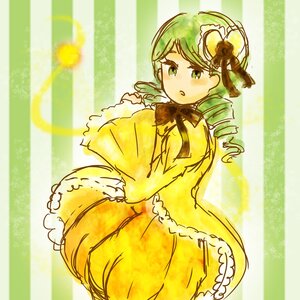 Rating: Safe Score: 0 Tags: 1girl :o bow dress drill_hair flower green_eyes green_hair hat image kanaria long_sleeves rose solo striped striped_background twin_drills vertical-striped_dress vertical_stripes yellow_dress User: admin