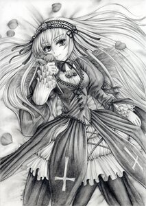 Rating: Safe Score: 0 Tags: 1girl dress flower frills greyscale hairband image lolita_fashion long_hair long_sleeves looking_at_viewer lying monochrome ribbon rose smile solo suigintou traditional_media very_long_hair User: admin