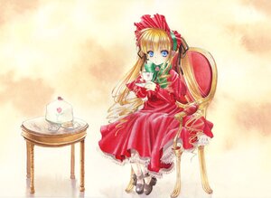 Rating: Safe Score: 0 Tags: 1girl blonde_hair blue_eyes bonnet bow chair cup dress food full_body image long_hair long_sleeves looking_at_viewer red_dress rose saucer shinku shoes sitting solo table tea teacup teapot twintails very_long_hair User: admin