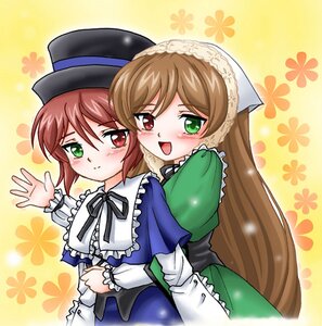 Rating: Safe Score: 0 Tags: 2girls blue_dress blush brown_hair dress frills green_dress green_eyes hat head_scarf heterochromia image long_hair long_sleeves looking_at_viewer multiple_girls open_mouth pair red_eyes short_hair siblings sisters smile souseiseki suiseiseki twins very_long_hair yellow_background User: admin