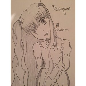 Rating: Safe Score: 0 Tags: 1girl dress hair_ornament image kirakishou long_hair looking_at_viewer monochrome open_mouth smile solo traditional_media twintails twitter_username User: admin