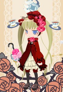 Rating: Safe Score: 0 Tags: 1girl blonde_hair blue_eyes bonnet bow cup dress flower food long_hair long_sleeves pink_rose red_dress red_flower red_rose rose shinku solo tea teacup twintails User: admin