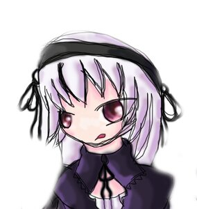 Rating: Safe Score: 0 Tags: 1girl black_ribbon blurry blush dress hairband image looking_at_viewer ribbon simple_background solo striped suigintou tongue tongue_out upper_body white_background User: admin