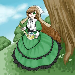 Rating: Safe Score: 0 Tags: 1girl brown_hair dress frills grass green_dress green_eyes head_scarf heterochromia holding image long_hair long_sleeves looking_at_viewer outdoors red_eyes smile solo suiseiseki tree very_long_hair watering_can User: admin