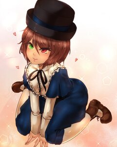 Rating: Safe Score: 0 Tags: 1girl blue_dress blush boots brown_footwear brown_hair dress green_eyes hat heart heterochromia image long_sleeves looking_at_viewer red_eyes ribbon shoes short_hair smile solo souseiseki User: admin