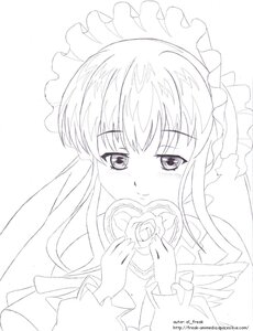 Rating: Safe Score: 0 Tags: 1girl bangs blush flower frills greyscale image lineart long_hair long_sleeves looking_at_viewer monochrome rose shinku smile solo striped upper_body User: admin