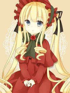 Rating: Safe Score: 0 Tags: 1girl blonde_hair blue_eyes blush bonnet bow dress drill_hair flower image long_hair long_sleeves looking_at_viewer rose shinku sidelocks simple_background solo twin_drills twintails v_arms very_long_hair User: admin
