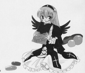 Rating: Safe Score: 0 Tags: 1girl blush dress frills greyscale hairband image long_hair long_sleeves looking_at_viewer monochrome open_mouth simple_background sitting solo suigintou wings User: admin