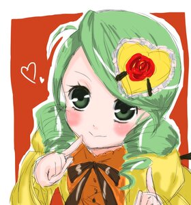 Rating: Safe Score: 0 Tags: 1girl blush drill_hair flower food fruit green_eyes green_hair hair_ornament heart image index_finger_raised kanaria long_sleeves looking_at_viewer rose smile solo strawberry twin_drills upper_body User: admin