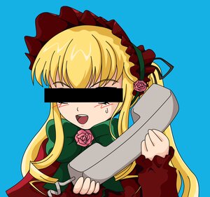 Rating: Safe Score: 0 Tags: 1girl bar_censor blonde_hair blue_background dress flower hairband identity_censor image long_hair long_sleeves open_mouth red_flower rose shinku simple_background solo User: admin