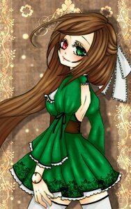 Rating: Safe Score: 0 Tags: 1girl bow brown_hair dress frills green_dress green_eyes heterochromia image lace long_hair long_sleeves looking_at_viewer looking_back red_eyes ribbon smile solo suiseiseki thighhighs very_long_hair white_legwear User: admin