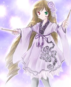 Rating: Safe Score: 0 Tags: 1girl brown_hair dress flower frills green_eyes hair_flower hair_ornament heterochromia holding holding_wand image long_hair long_sleeves pantyhose red_eyes rose solo suiseiseki wand wide_sleeves User: admin