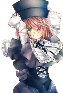 Rating: Safe Score: 0 Tags: 1girl brown_hair dress frills grin hat heterochromia image long_sleeves looking_at_viewer red_eyes ribbon short_hair simple_background smile solo souseiseki suiseiseki white_background User: admin